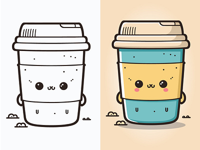 Coffee Cup Logo, Cute Coffee Cup Cartoon line art colorful Vector