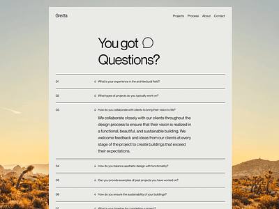 Gretta Architecture FAQ Concept | Relume Design League architecture architecture landing page clean clean faq design faq faq list faq section faqs frequently asked question icon minimal typography ui ui design ux ux design web web design website