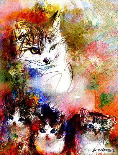 Chatte et ses trois chatons