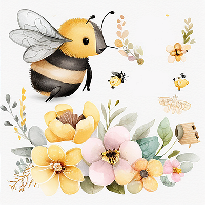 Cute Bee Watercolor With Theme Spring Flower Floral bee honey spring watercolor wild