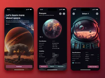 Space App Design Concept app appdesign card design dribbblers illustration ios minimal mobile mobile app orange planet red space specifications technology ui ui design ux uxui