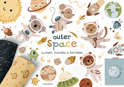 Outer space collection astronaut clipart baby animals baby shower cosmonaut cosmos moon and stars outer space planet clipart rocket solar system space space adventure space animal space illustration space pattern space poster space print spaceship