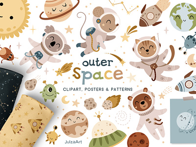 Outer space collection astronaut clipart baby animals baby shower cosmonaut cosmos moon and stars outer space planet clipart rocket solar system space space adventure space animal space illustration space pattern space poster space print spaceship