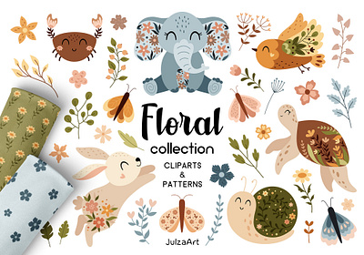 Floral animals collection animal clipart animal print baby animals baby shower bloom floral animals floral clipart floral pattern flower flower pattern jungle ocean animal plants safari seamless pattern spring summer