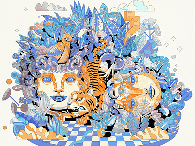 Faces artwork cubisme geometric graphic design grec illustration t shirts tiger vector yoaz