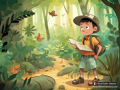 "Little Explorer in the Forest" by Dikomo.id book illlustration simplicity