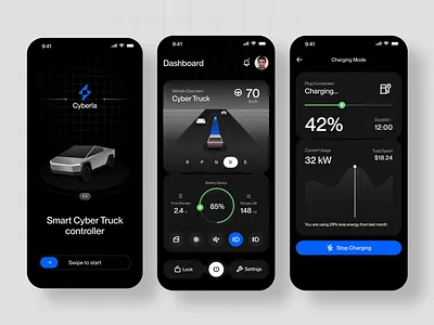 EV Vehicle Controller App - Dark Mode 3d car app automotive car concept clean controller dark mode design electric vehicle energy ev hmi design map view mobile app modern tesla ui ux