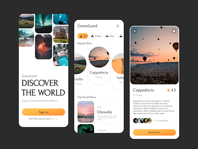 GreenLand app booking bookmark card chip landing location member mobile pdp plp product design rate search box sign in travel app ui ui ux web app web design
