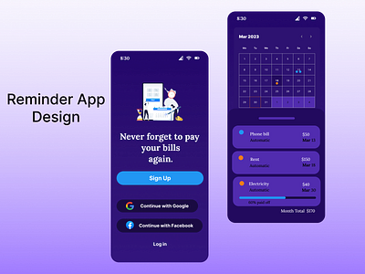Bills Reminder App Design appdesign branding design figma graphic design interactivedesign ui uiux ux