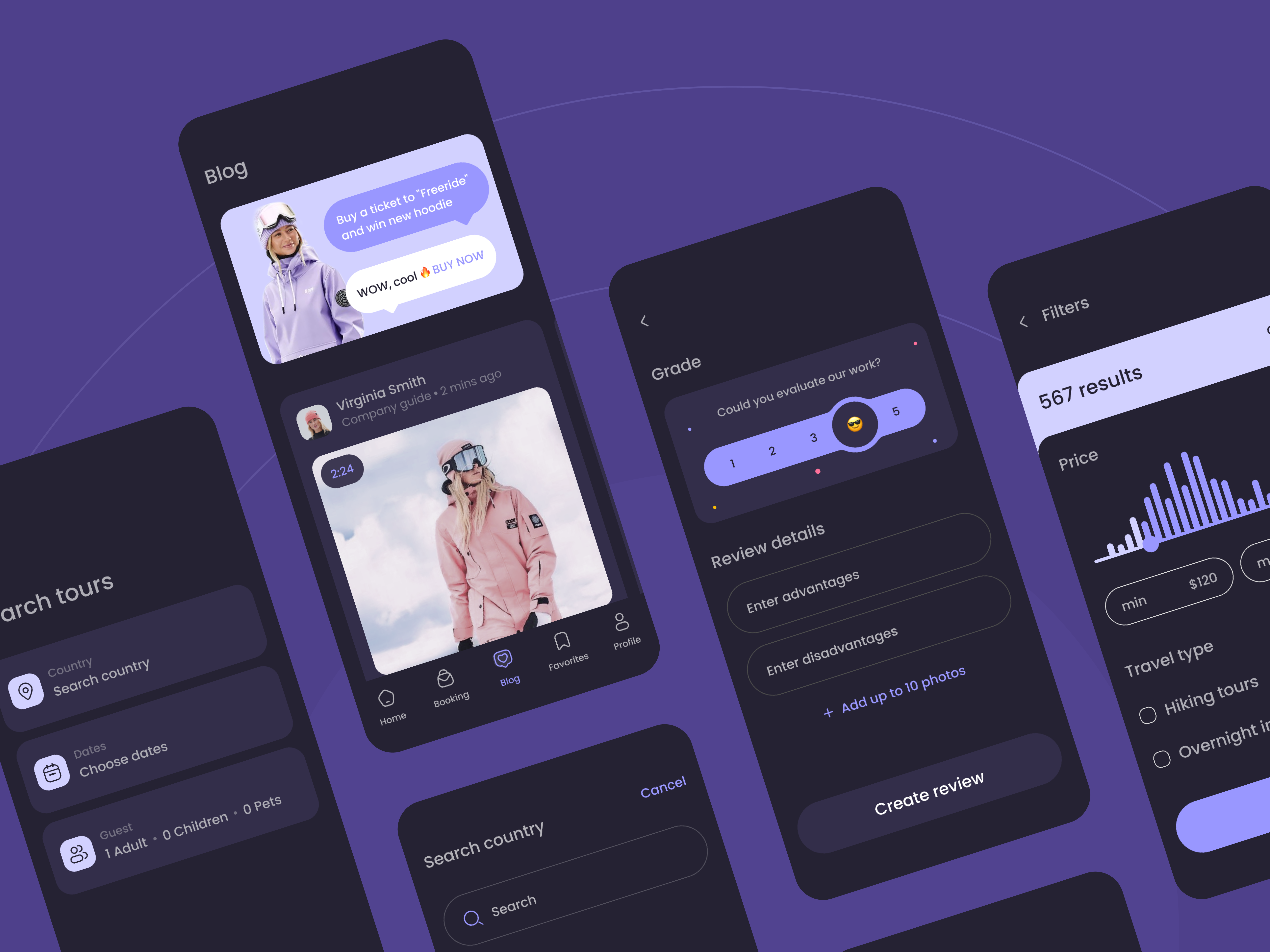 UX/UI design of the author's tours mobile app app app design blog booking branding dark color dark scheme design digital filters ios app review search tourism tours travel trip ui ux vacation