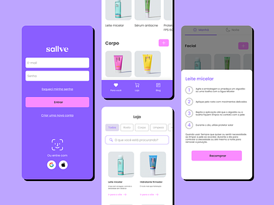 Redesign Skincare App app branding button design design sytem log in logo product purple redesign sallve shopping skincare ui ux