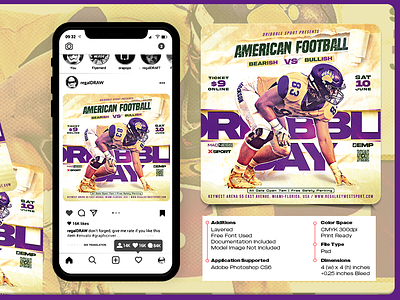 Match Day American Football Sport Flyer advertise american football banner branding cmyk competition competitive design extreme sport flyer templates graphic design league match print templates sport sport event sport flyer square dimension template tournament