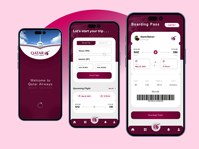 Flight Booking App Design "Qatar Airways" airplane app application branding deeppink flight mediumvioletred middle east mobile mobile app pink purpple qatar red ticket travel trend ui user violet