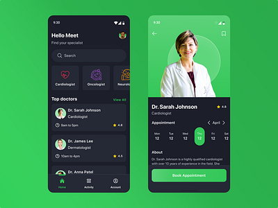 Appointment Booking App | Dark Mode UIUX | Health app booking button calendar card dark mode darkmode app doctor health nav bar product product design profile search ui design uiux user experience user interface ux ux design