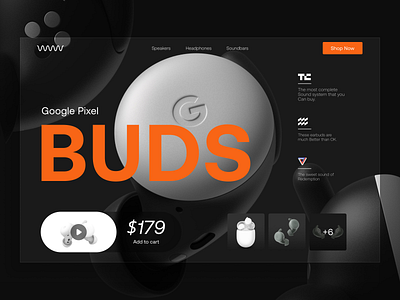 Google Pixel Buds Website Design Concept airbuds airpods audio clean concept dark ecommerce google homepage landing page minimalist music pixel shop sound speaker spotify store ui web design