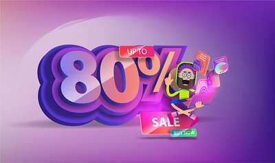 cartoon man with glasses is sitting on huge figures 80% discount office