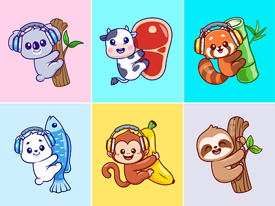 Animals Hanging🐨🐮🎋🥩 animals bamboo branch cute eating fish food game hanging holding icon illustration logo mammal monkey music pet polar bear sloth zoo