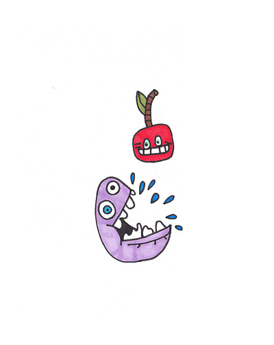 Cherry on top cartoon character cherry cherry on top crazy drool drooling eat eating funny hand drawn hungry illustration markers salivating smile teeth