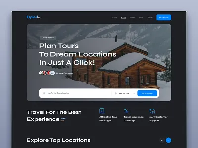 Expolrely Travel Agency Website adventure blog branding clean dark ui design agency explore place hotel booking illustration landing page tourism travel travel agency travel blog traveling ui design vacation