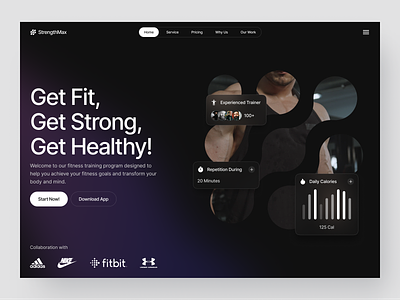 StrengthMax - Fitness Training bold crossfit dark mode fitness fitness training fitness web app gym health hero landing page personal trainer planner sport training treadmill ui web website weight loss workout