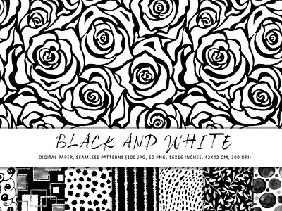 Black and white seamless patterns, digital paper abstraction background black and white digital paper doodles floral geometry hand drawn line seamless patterns set shapes stain watercolor