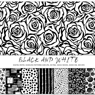 Black and white seamless patterns, digital paper abstraction background black and white digital paper doodles floral geometry hand drawn line seamless patterns set shapes stain watercolor