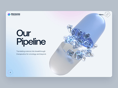 PROSION Therapeutics - Web & UI/UX Interaction 2023 - Pipeline 3d animation biology biotech brain cancer cure dark dna drug fluid gradient health landing page medical molecule pharma pill science virus