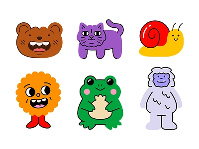 Cute Critters animals bear bigfoot cat creatures design dumpling eyes face food frog fur icon illustration logo smile snail sticker stickers yeti