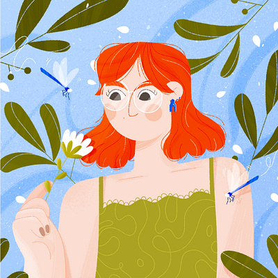 Woman portrait adobe blue character character design dragonfly editorial illustration flat graphic design green illustration mother nature nature people photoshop redheaded texture woman