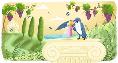 In a new place character charactersdesign childrensbookillustrator cute design face fairy frendly grapes graphic design illustration illustrator sky south spring swallow