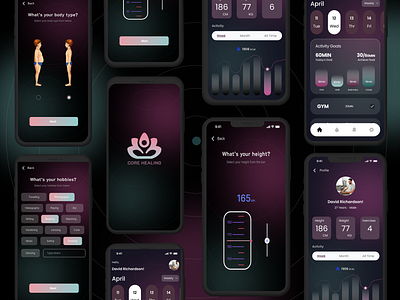 Fitness Application app application branding darktheme design figma fitness graphic design icon illustration logo purple ui ux vector