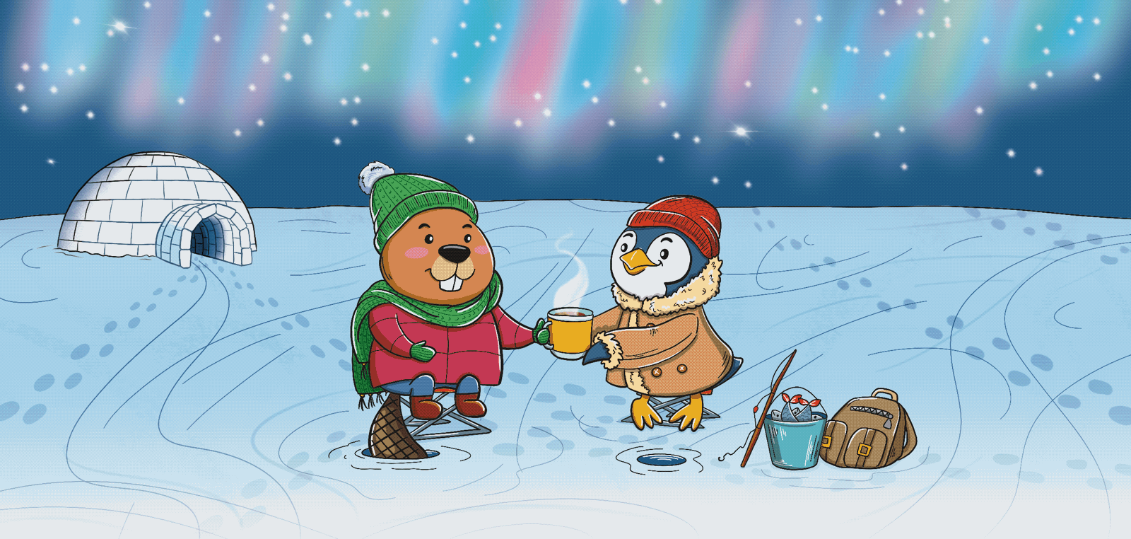 Beaver calendar 2023. November animal art animation beaver book illustration calendar2023 cartoon character design children character children illustration comics friends gif illustration motion northern lights november penguin tea winter