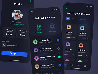 Profile account add app design challenges chores cool create dark ui design history minimal mobile ui modern profile records rewards tasks ui user interface ux