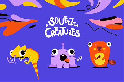 Squeeze Creatures animal animation animal illustration animals beaver character character design children children illustration cute animals cute illustration funny animation funny illustration iguana illustration kids illustration monster peackock pets toys