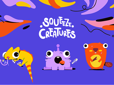 Squeeze Creatures animal animation animal illustration animals beaver character character design children children illustration cute animals cute illustration funny animation funny illustration iguana illustration kids illustration monster peackock pets toys