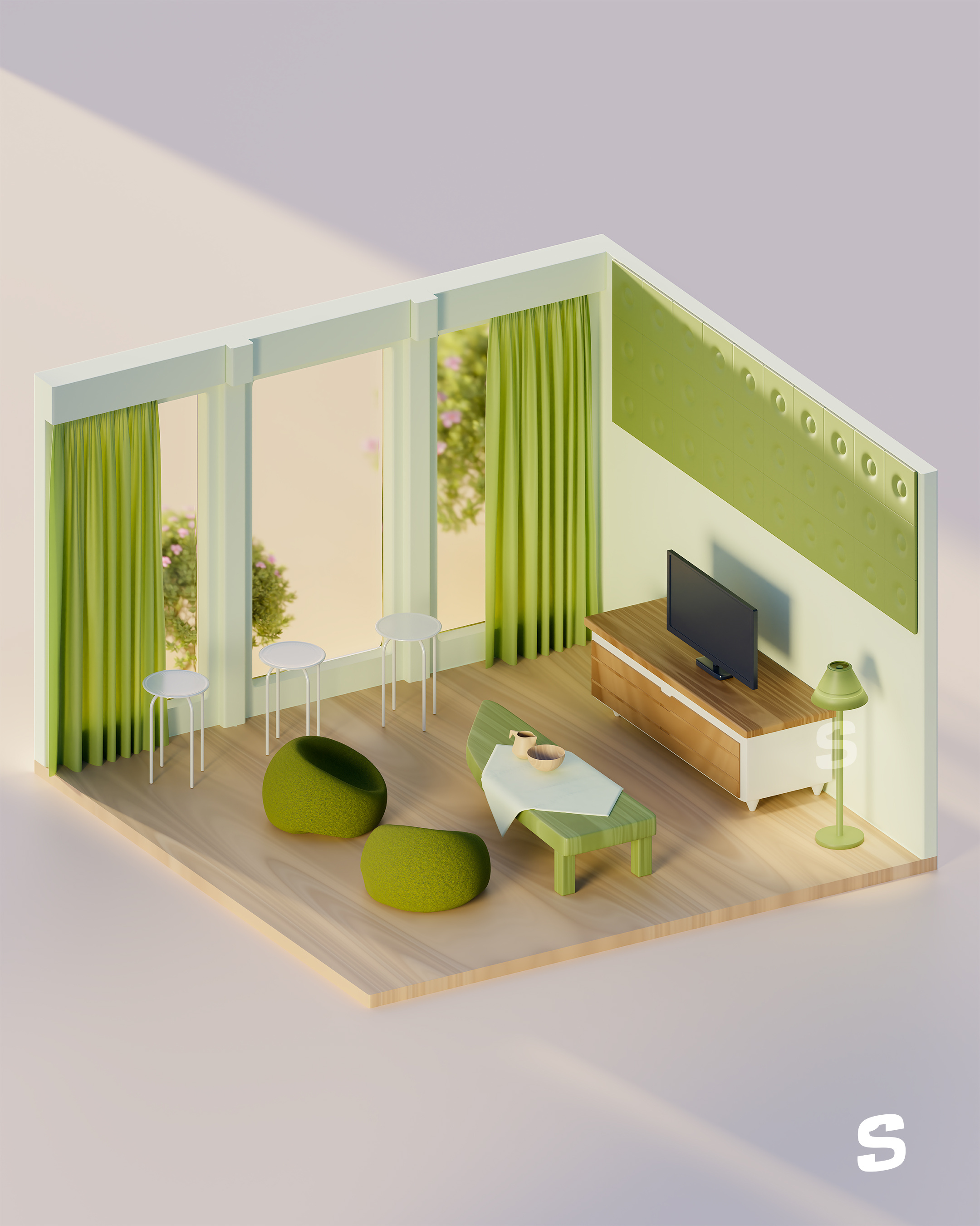 Green Interior 3d Illustration 3d 3d illustration 3d scene brand identity design graphic design green interior japandesign minimalist wood