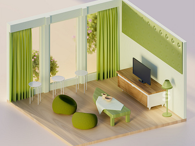 Green Interior 3d Illustration 3d 3d illustration 3d scene brand identity design graphic design green interior japandesign minimalist wood