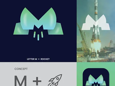 LETTER (M + ROCKET) LOGO abstract alphabet brand identity branding company design graphic design illustration lettering logo logo logo design m letter minimal modern rocket