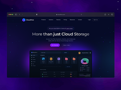 Cloud Storage SaaS Website Landing Page branding cloudstorage darktheme design filesharing gradientdesign graphic design modern productivity saas technology typography ui userinterface ux uxdesign vector webdesign