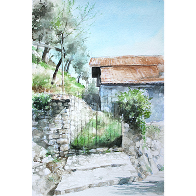 Behind the Gate countryside european fine art grass illustration italian landscape italy nature art non urban panorama print rural rustic scenery sunlight traditional art travel wall art watercolor watercolor painting