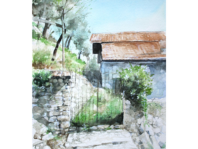 Behind the Gate countryside european fine art grass illustration italian landscape italy nature art non urban panorama print rural rustic scenery sunlight traditional art travel wall art watercolor watercolor painting