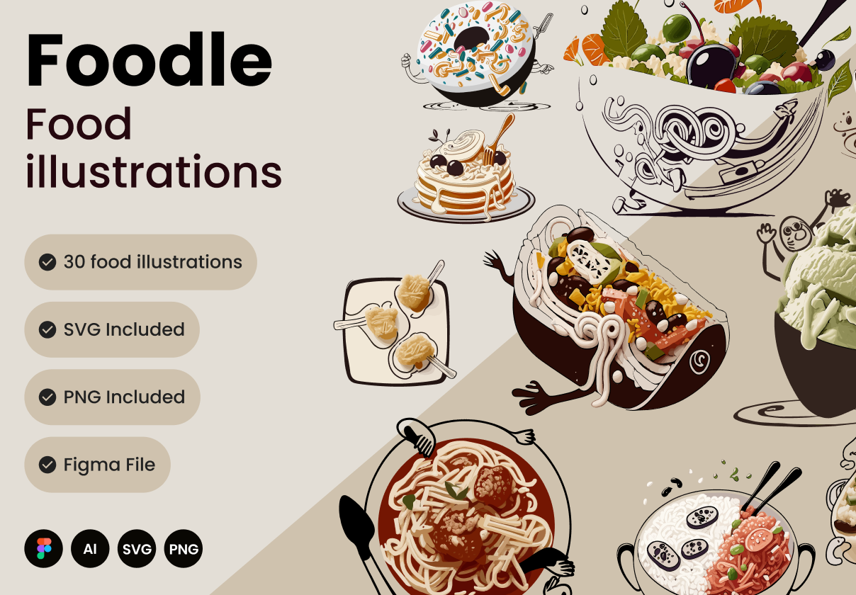 Foodle Illustrations Kit ai branding creative dashboard design doodle download drinks food food icons free icons illustration minimal svgs ui ui kit ui8 vector