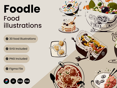 Foodle Illustrations Kit ai branding creative dashboard design doodle download drinks food food icons free icons illustration minimal svgs ui ui kit ui8 vector