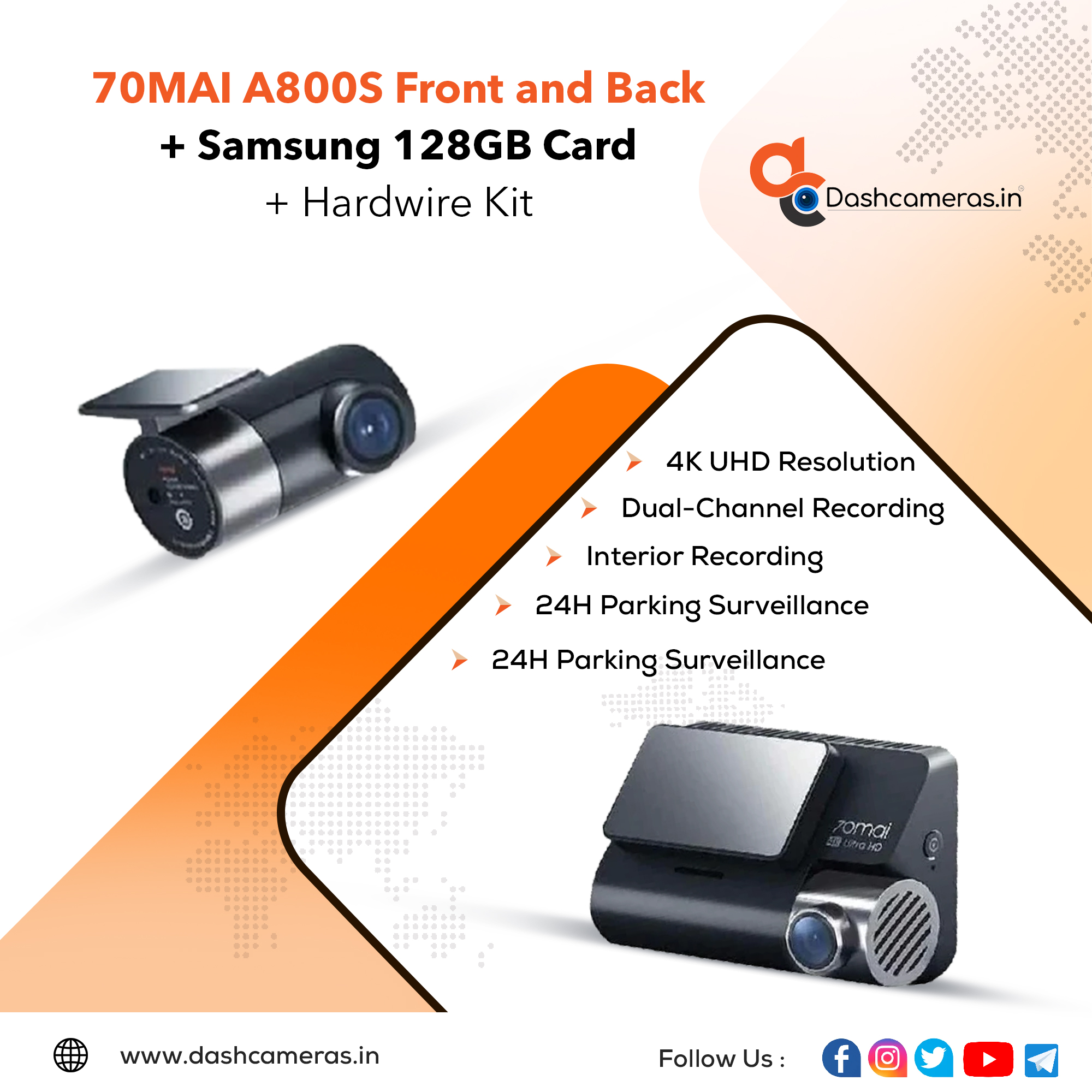 70mai 4K A800S Dash Cam Dual Channel Recording Dash Cam A800S