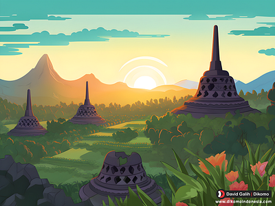 Scenic Borobudur: Beauty of Indonesian Mountains on Dikomo.id book borobudur children dikomo.id illustration indonesia kid merapi mountain nature painting sunset vector