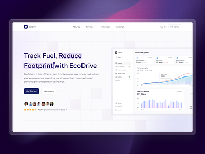 EcoDrive- Landing page for fuel efficiency monitoring analytics app carbon footprint charts clean dashboard design eco ecodrive fuel efficiency hero section landing page minimal statistics sustainable transport ui web app website white mode