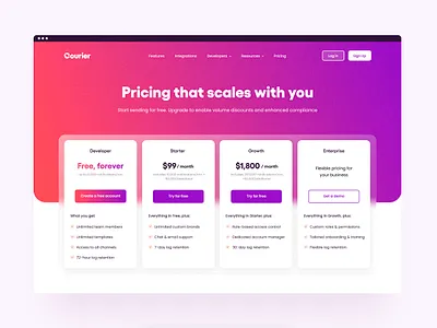 Courier - Pricing email enterprise gradient growth in app notification plans pricing push sms starter website website design
