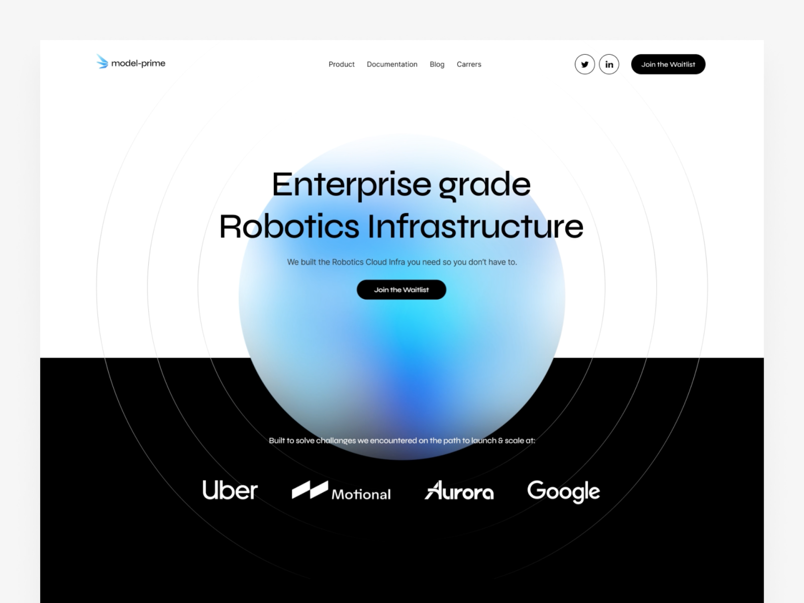 Model-Prime - webdesign animation ball blend blue clean design glass gradient hero landing landing page lp motion robotics ui web website