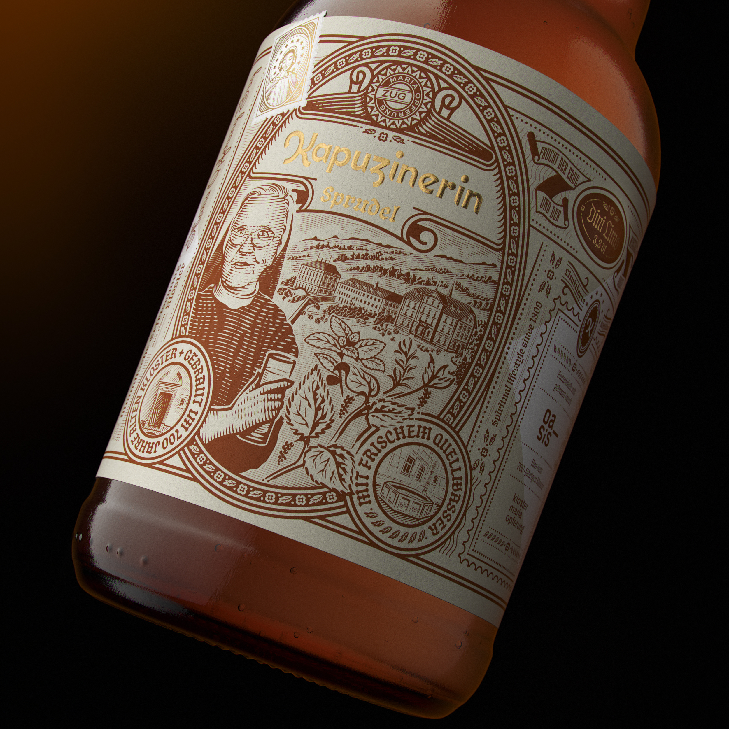 Kapuzinerin Sprudel bottle branding engraving etching illustration packaging packaging design peter voth design