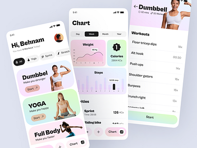 Fitness app app cardio chart crossfit design exercise fitness fitness app gym gym app health healthcare mobile pastel pastel color sport ui ux workout yoga